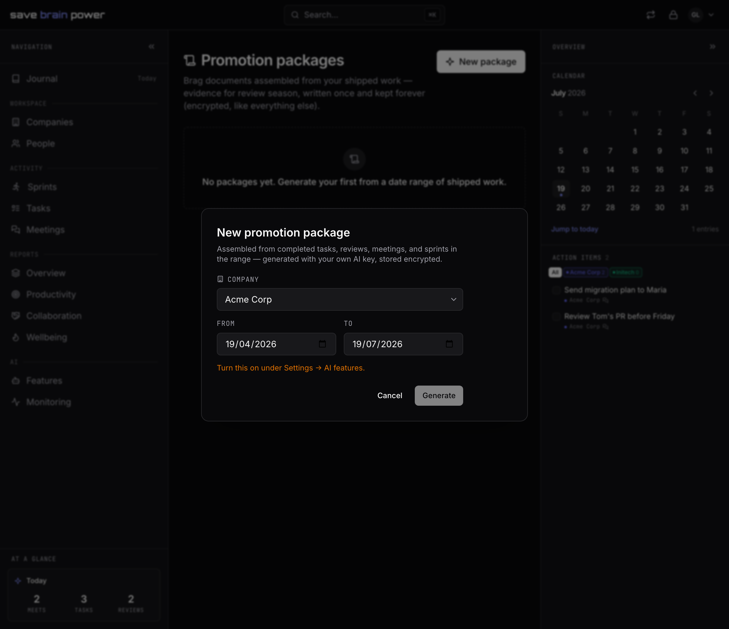 The new package form with a date range