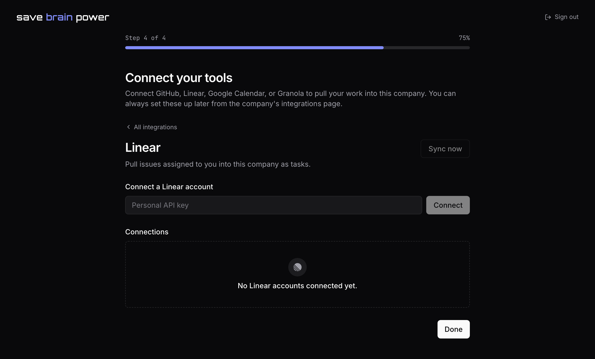 The Linear connect screen with the API key field