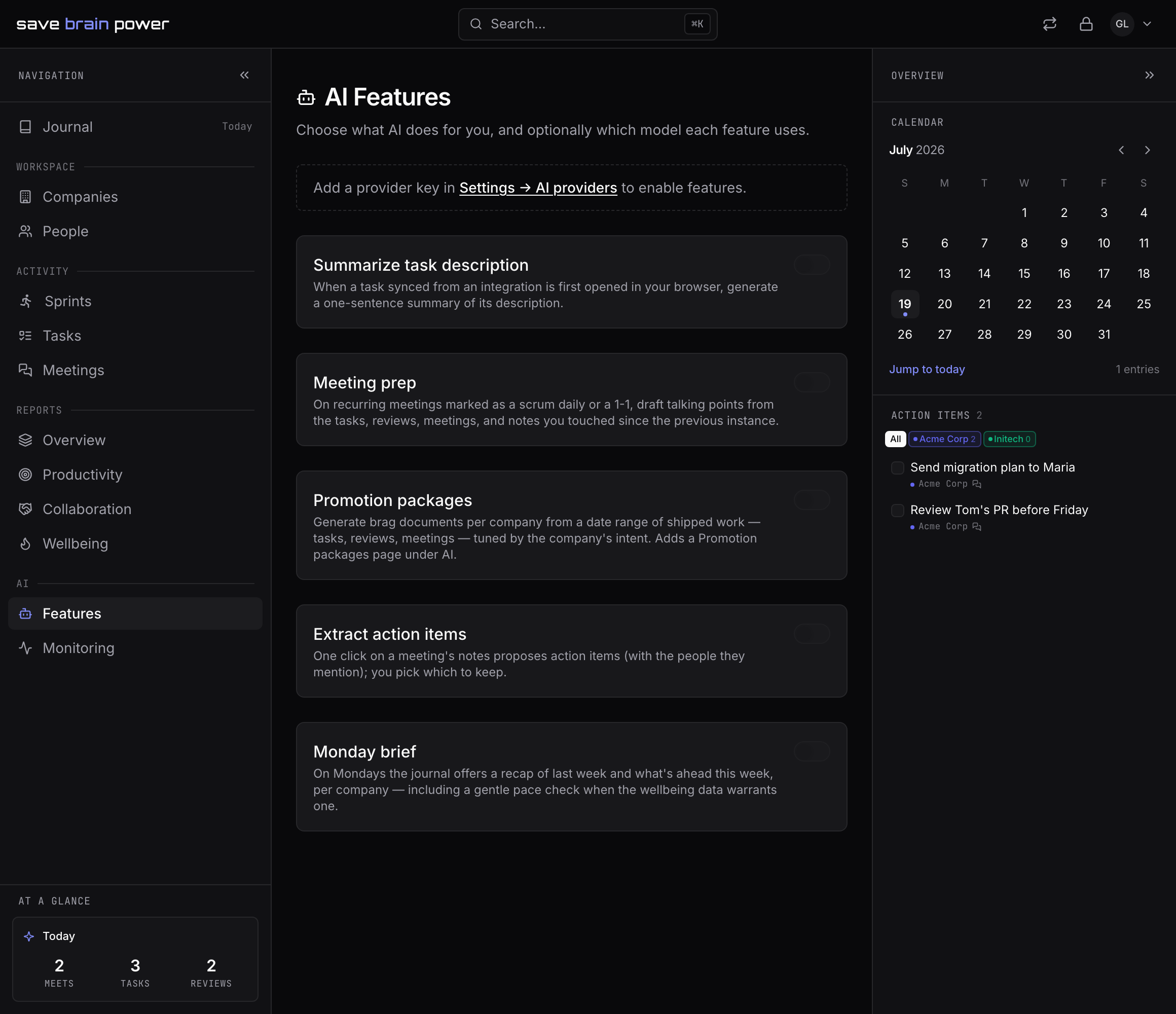 The AI features page with per-feature toggles