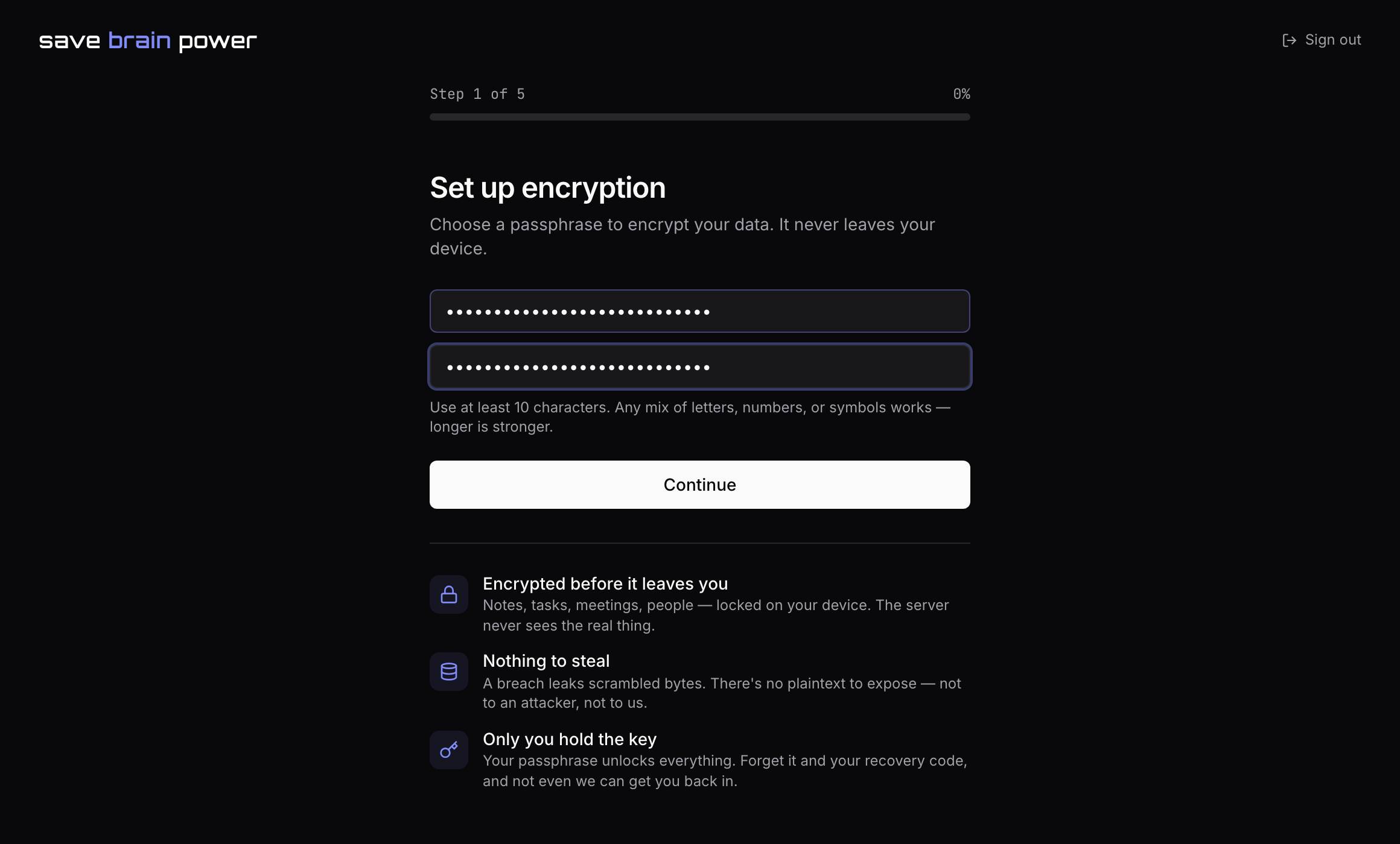 The encryption setup screen with passphrase fields