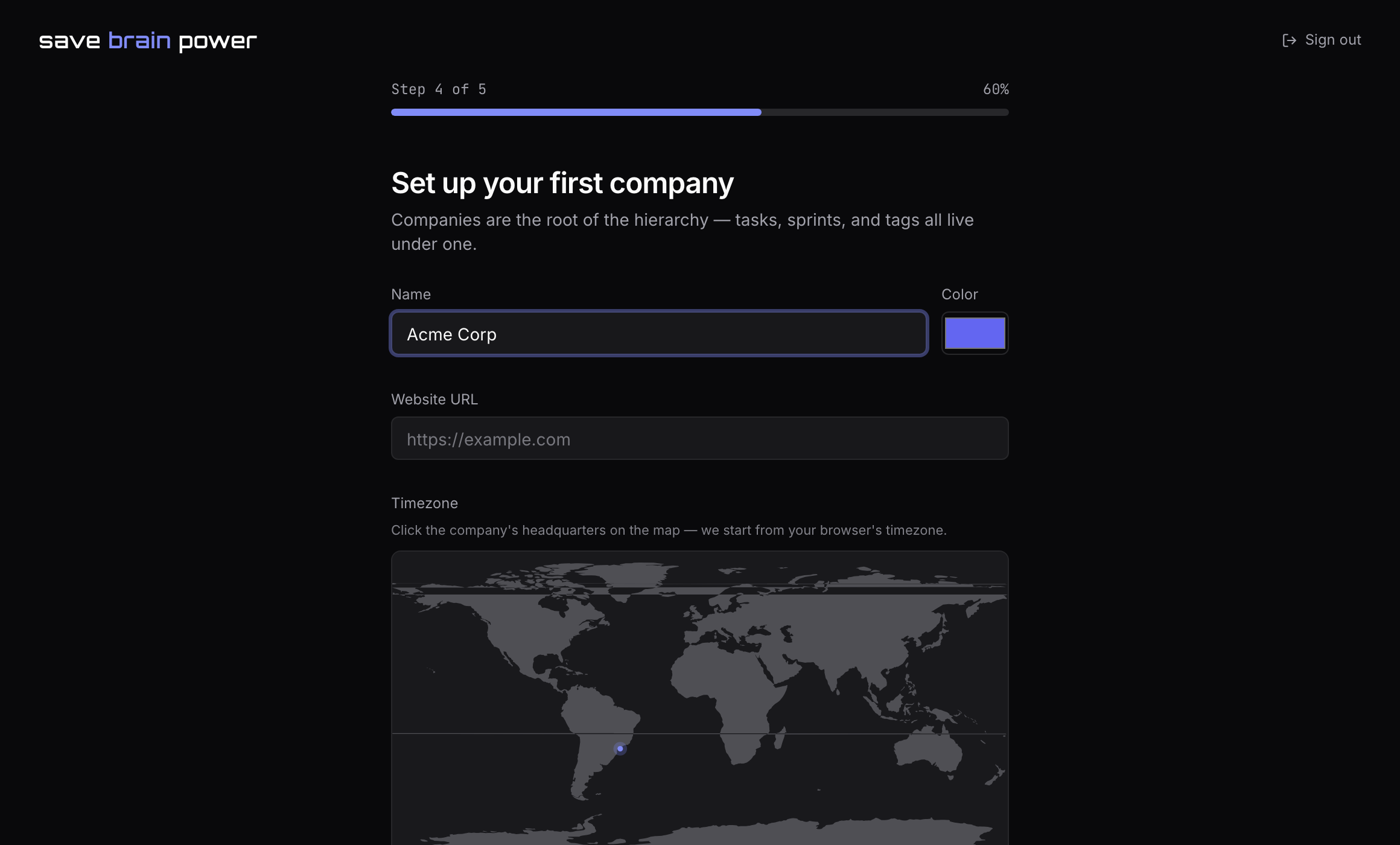 The create-company onboarding step